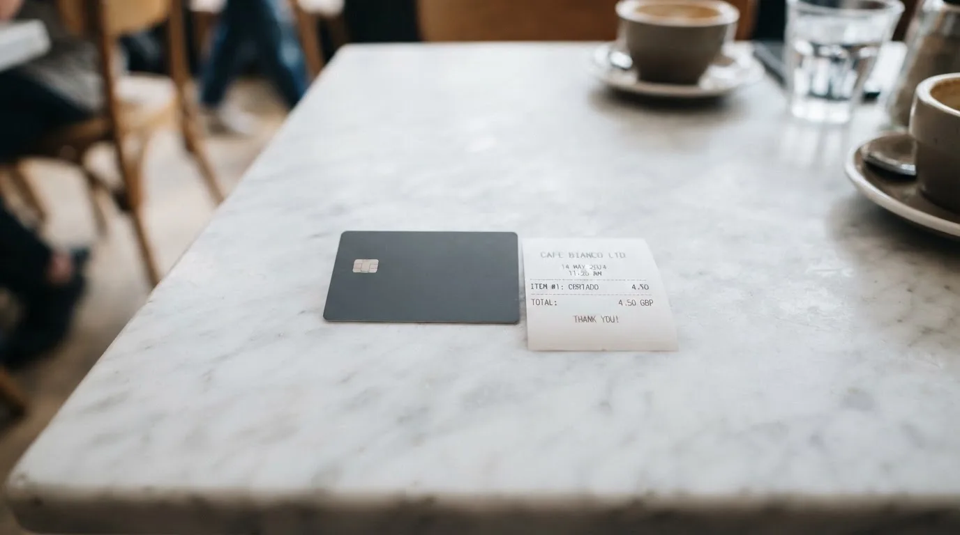 A receipt and a card on a café table