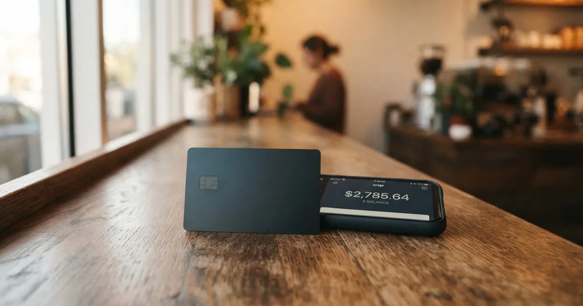 A payment card next to a phone with a crypto wallet app open
