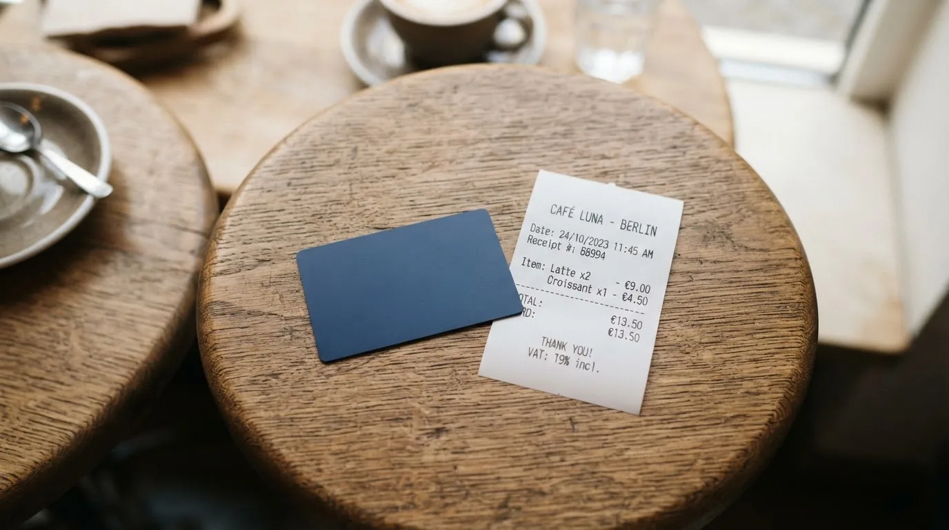 A receipt and a card on a café table