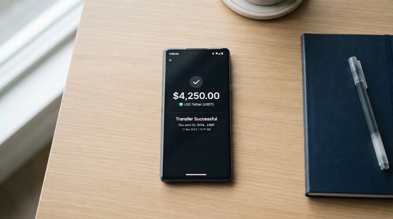 A phone showing a stablecoin transfer screen