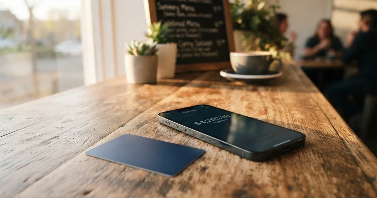 A payment card next to a phone with a crypto wallet app open