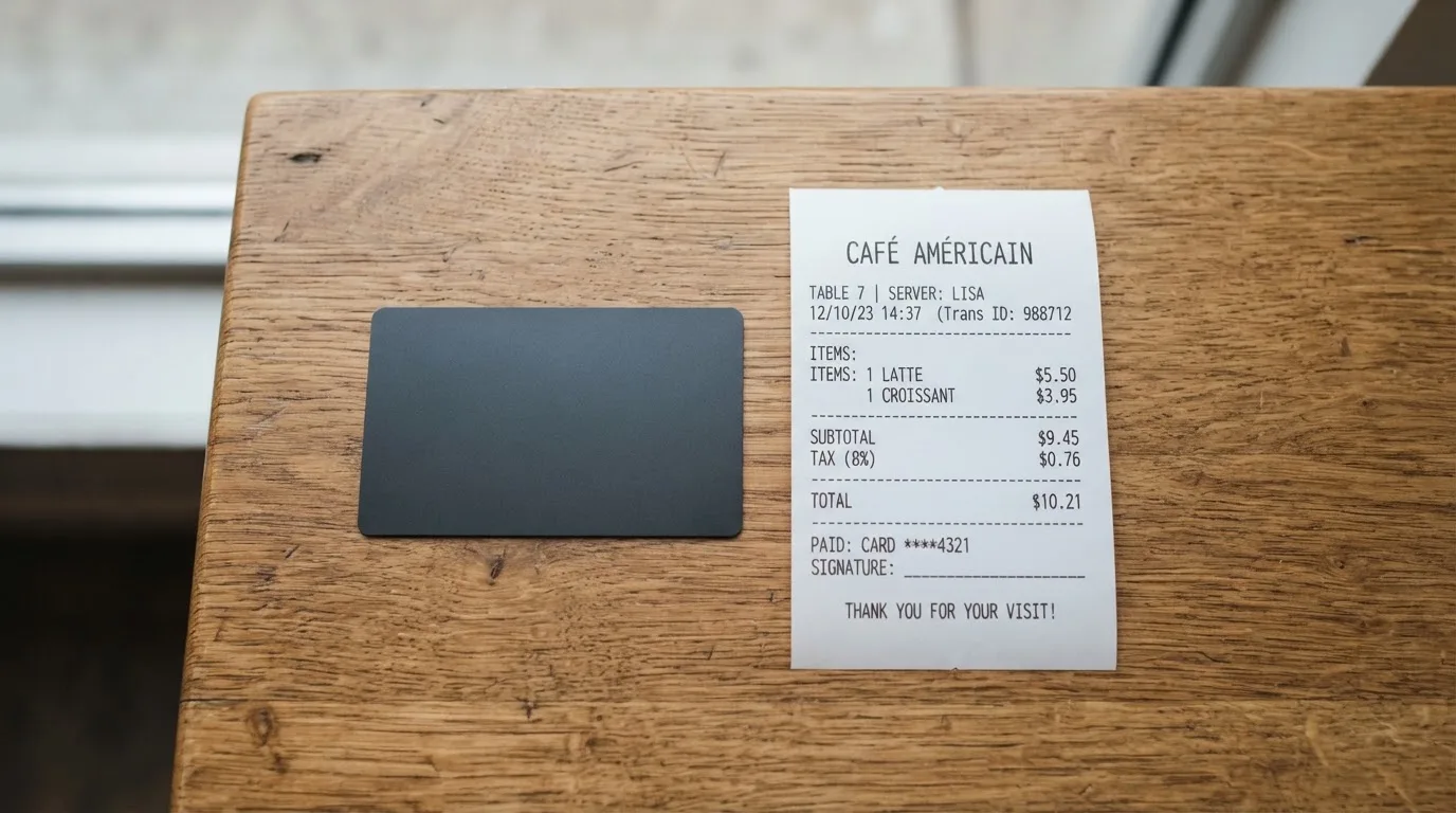 A receipt and a card on a café table