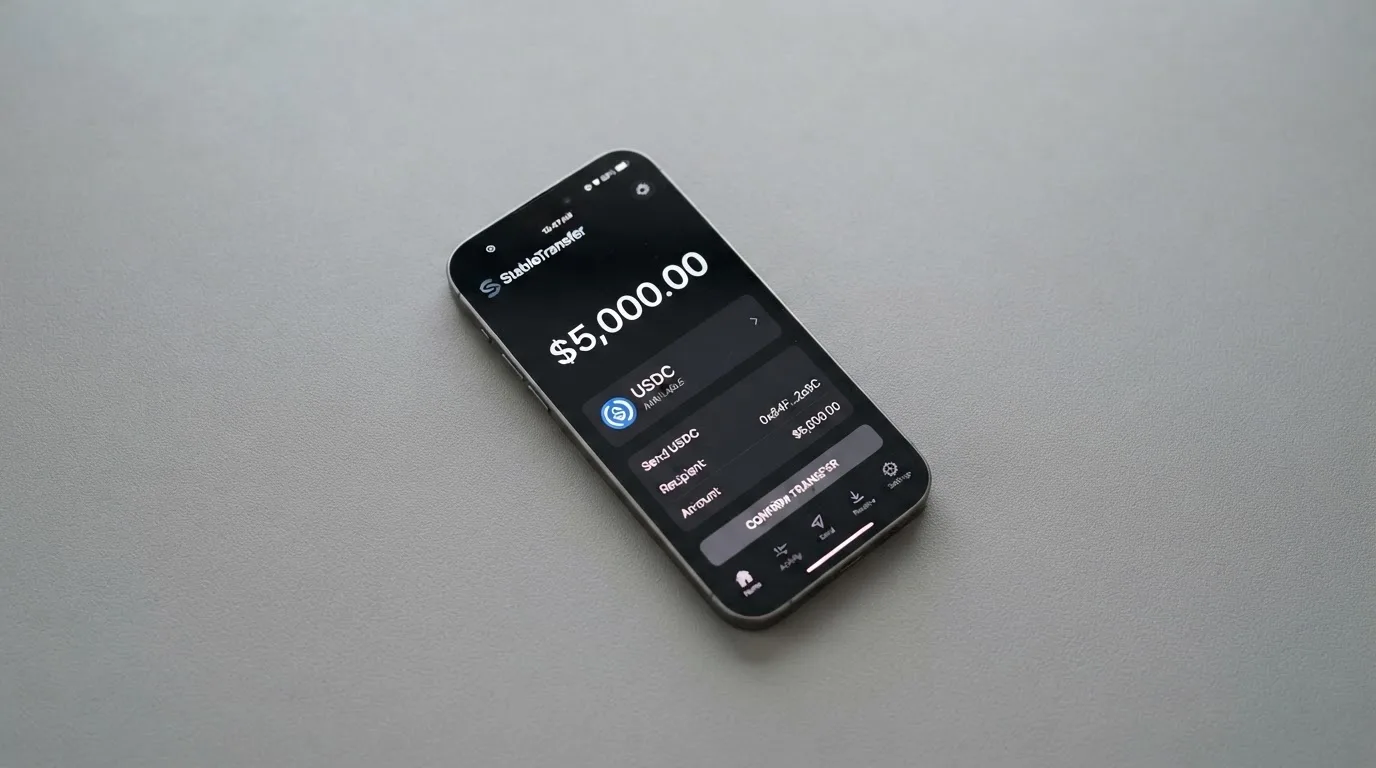 A phone showing a stablecoin transfer screen
