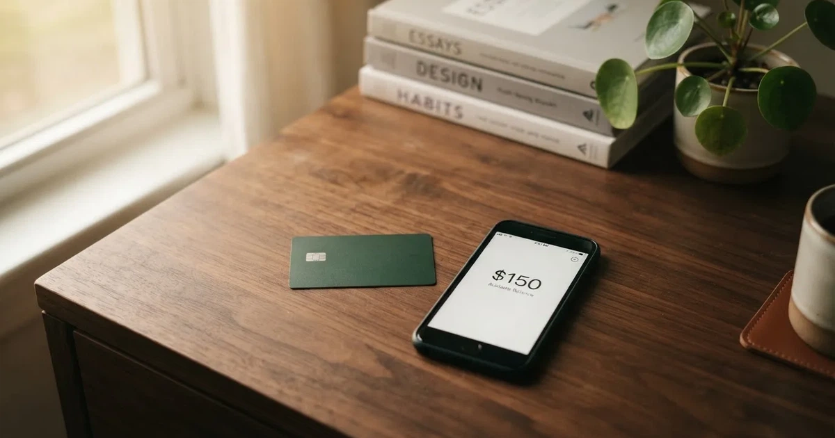 A payment card next to a phone with a crypto wallet app open