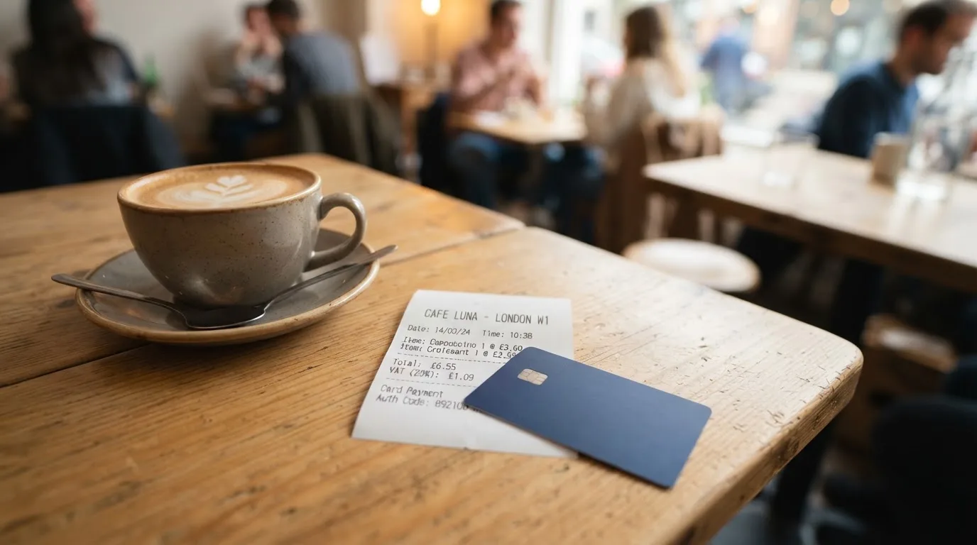 A receipt and a card on a café table