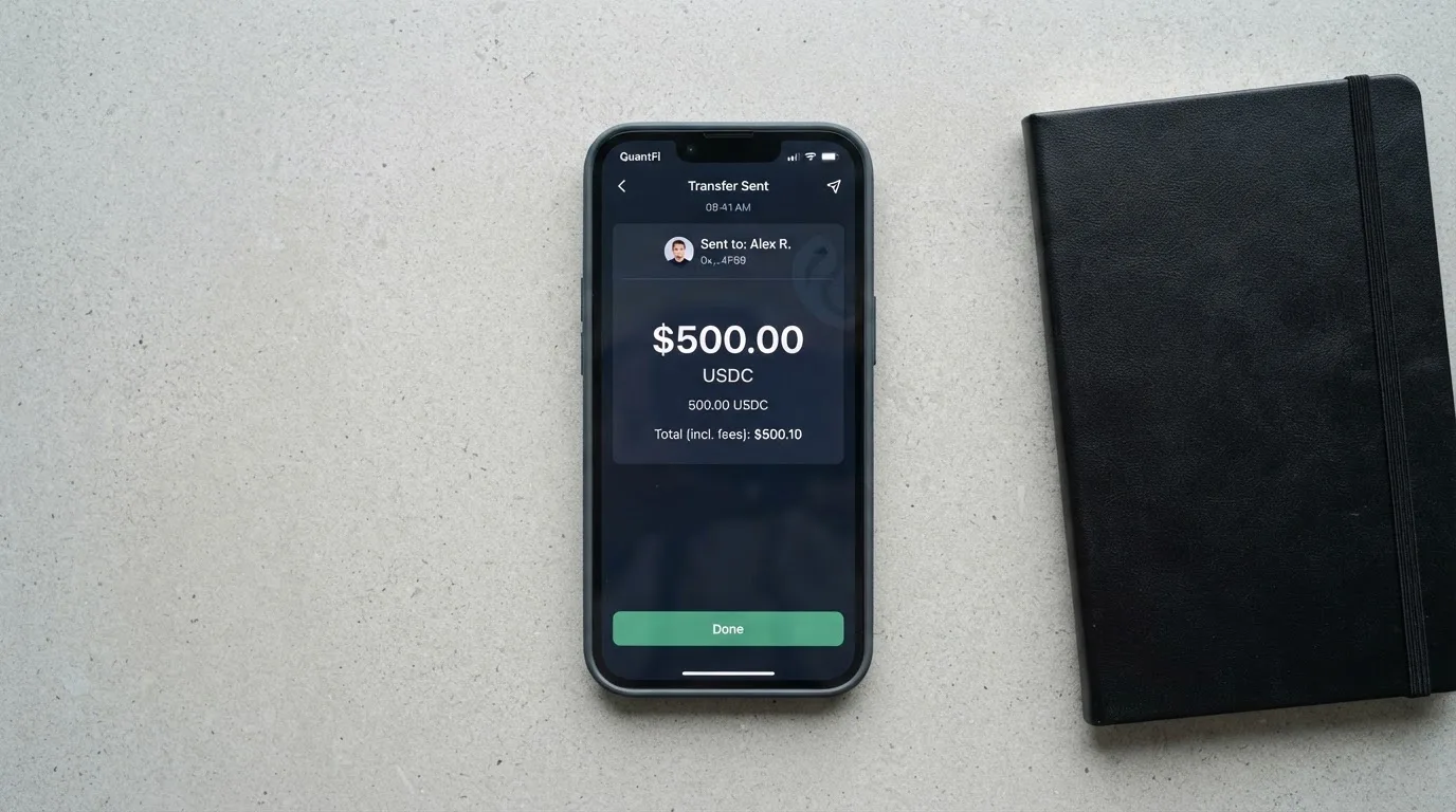 A phone showing a stablecoin transfer screen