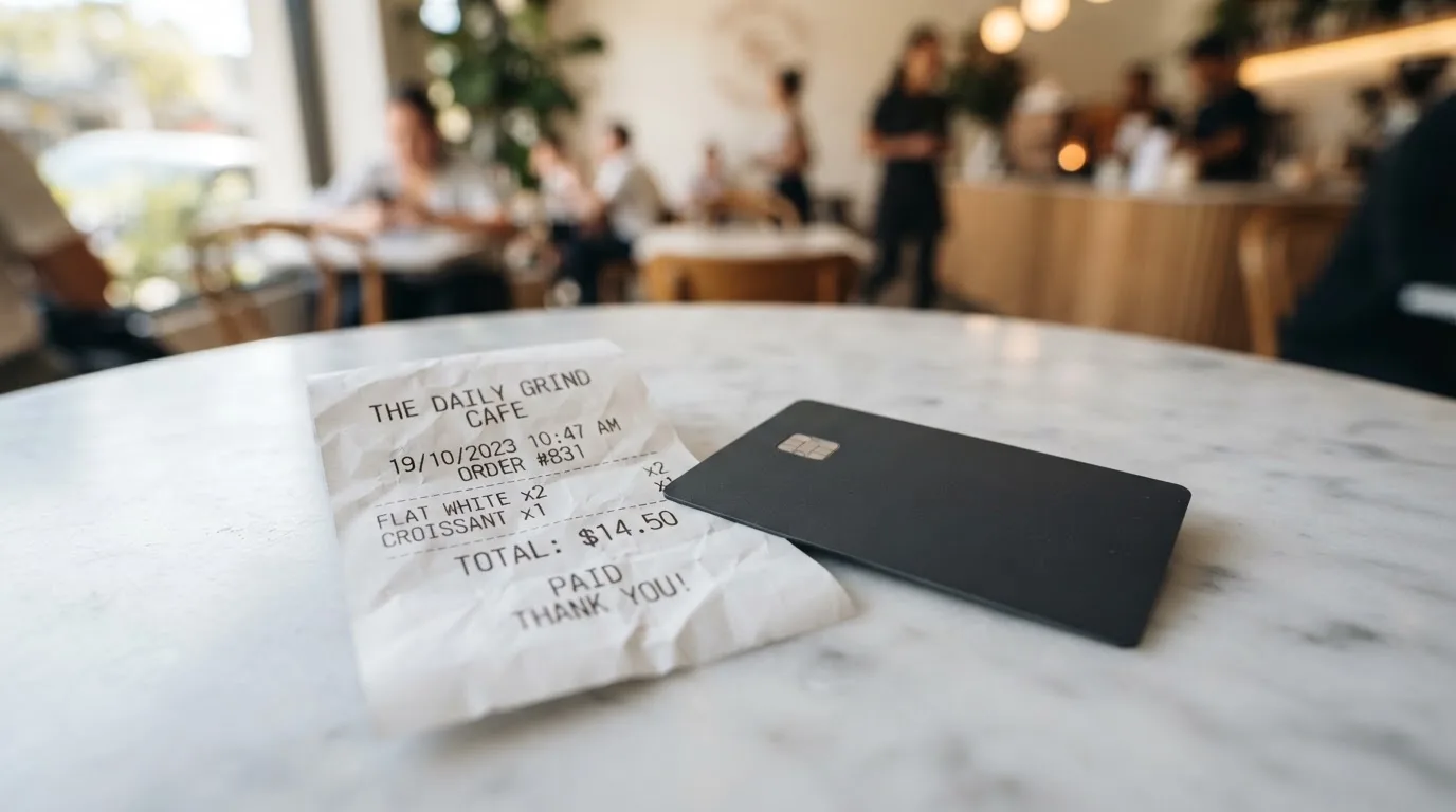 A receipt and a card on a café table
