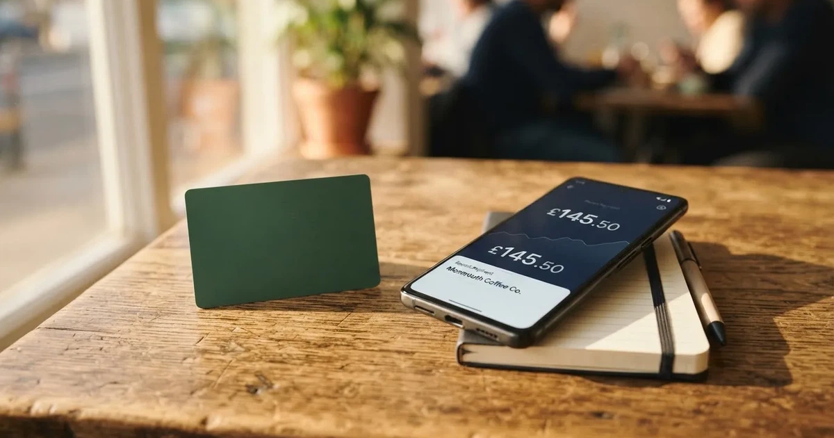 A payment card next to a phone with a crypto wallet app open