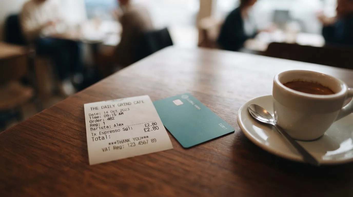 A receipt and a card on a café table