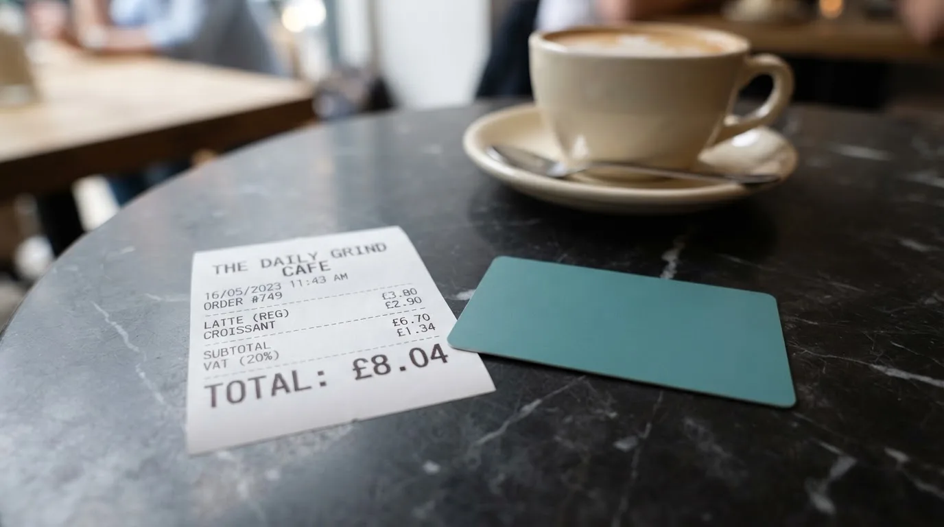 A receipt and a card on a café table