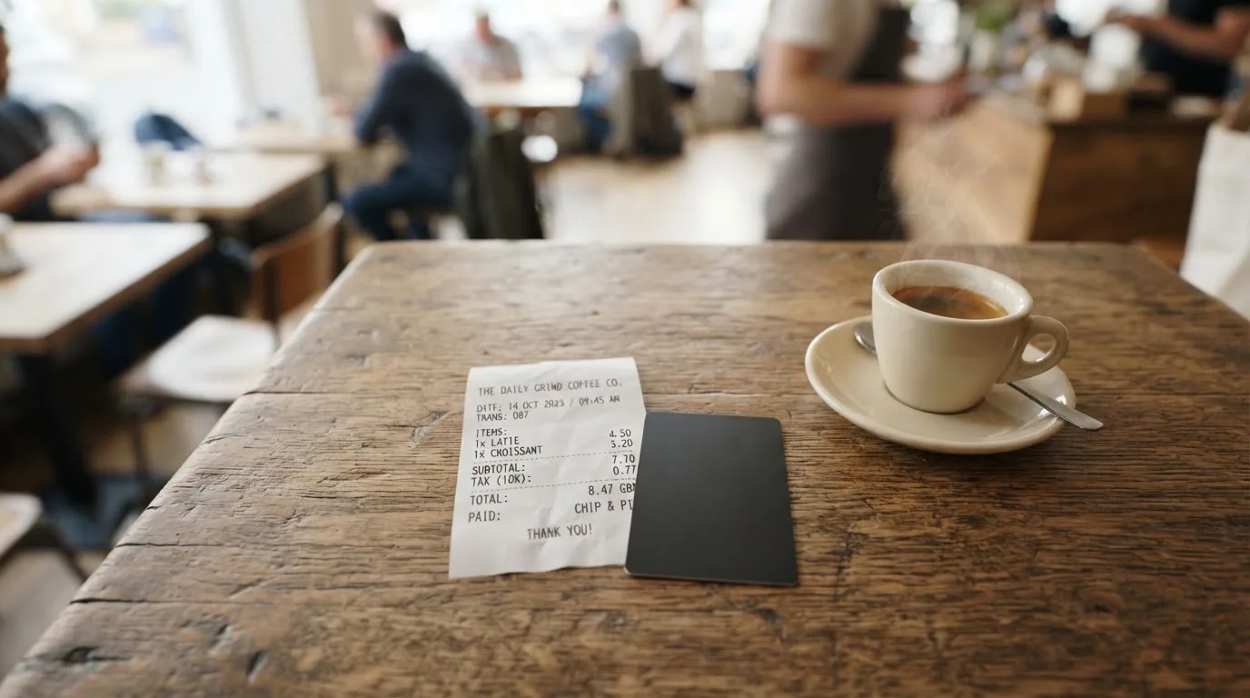 A receipt and a card on a café table