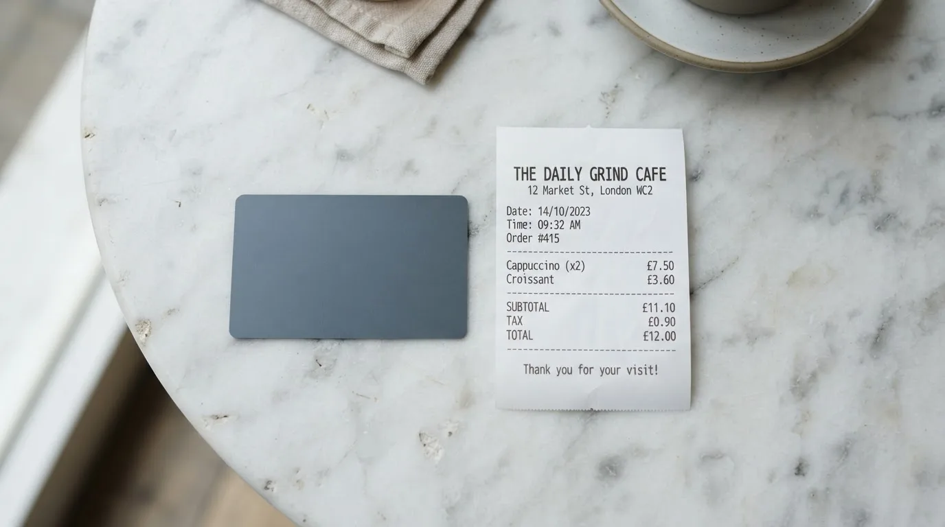 A receipt and a card on a café table