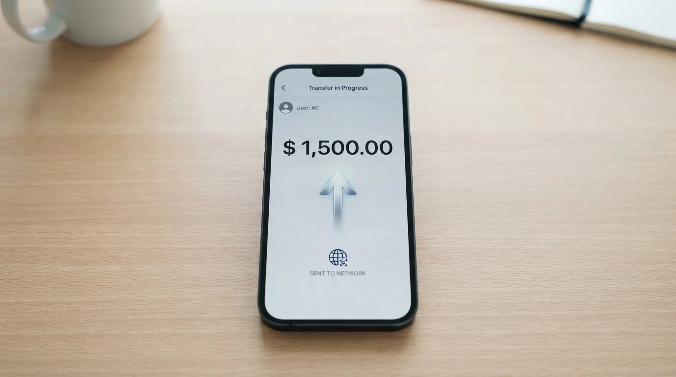 A phone showing a stablecoin transfer screen