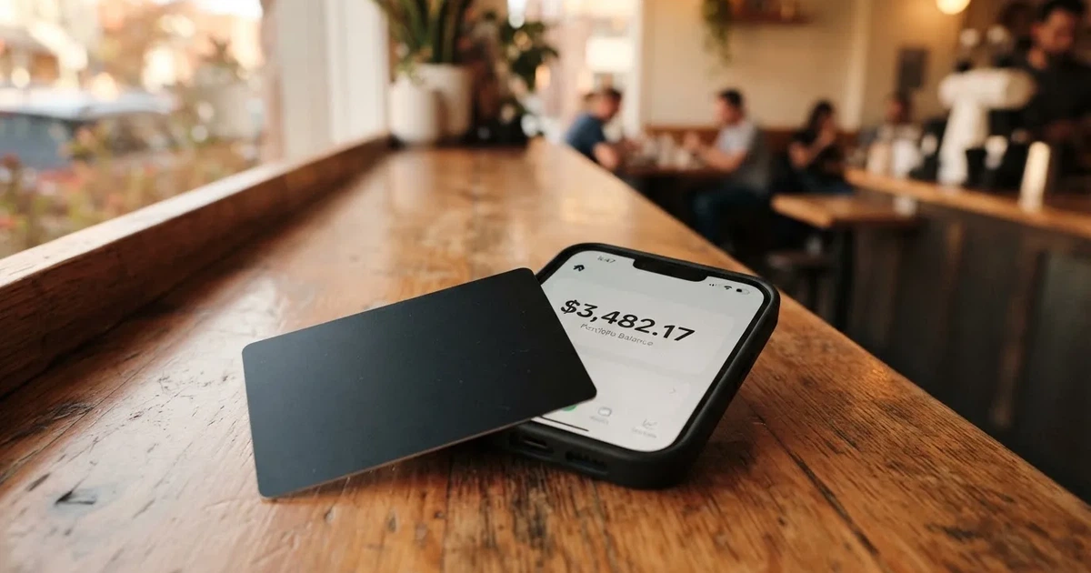 A payment card next to a phone with a crypto wallet app open
