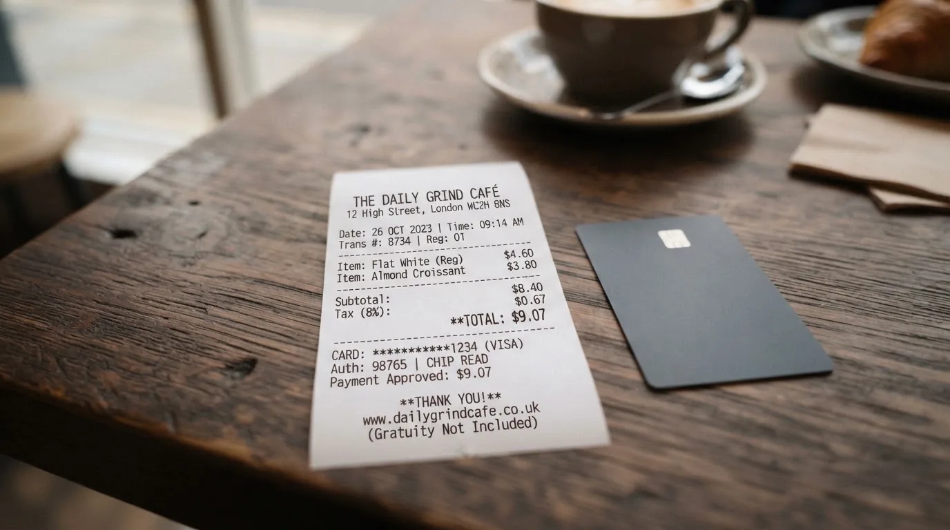 A receipt and a card on a café table