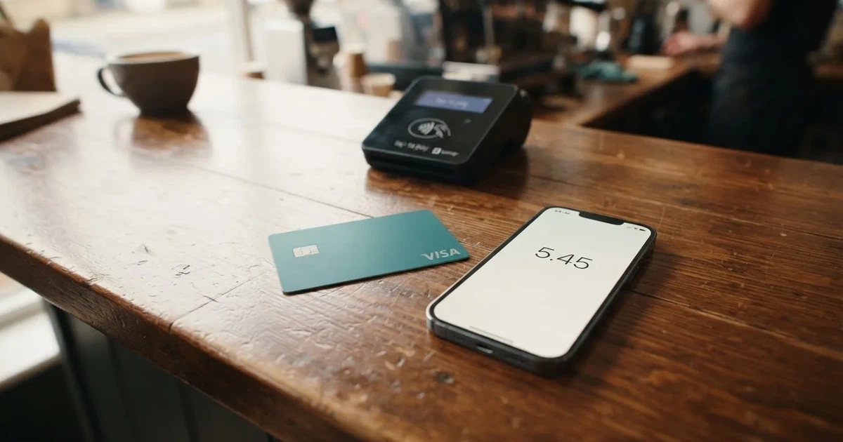 A payment card next to a phone with a crypto wallet app open