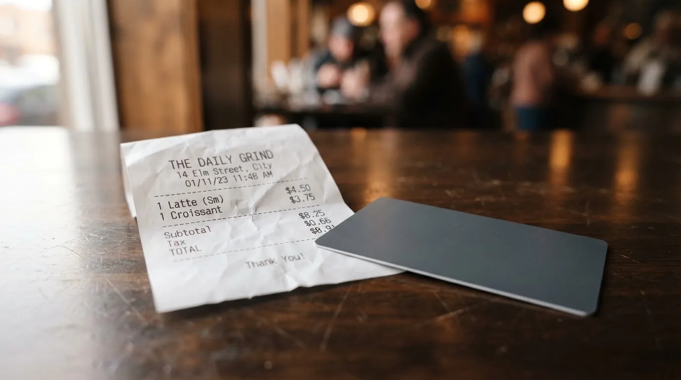 A receipt and a card on a café table