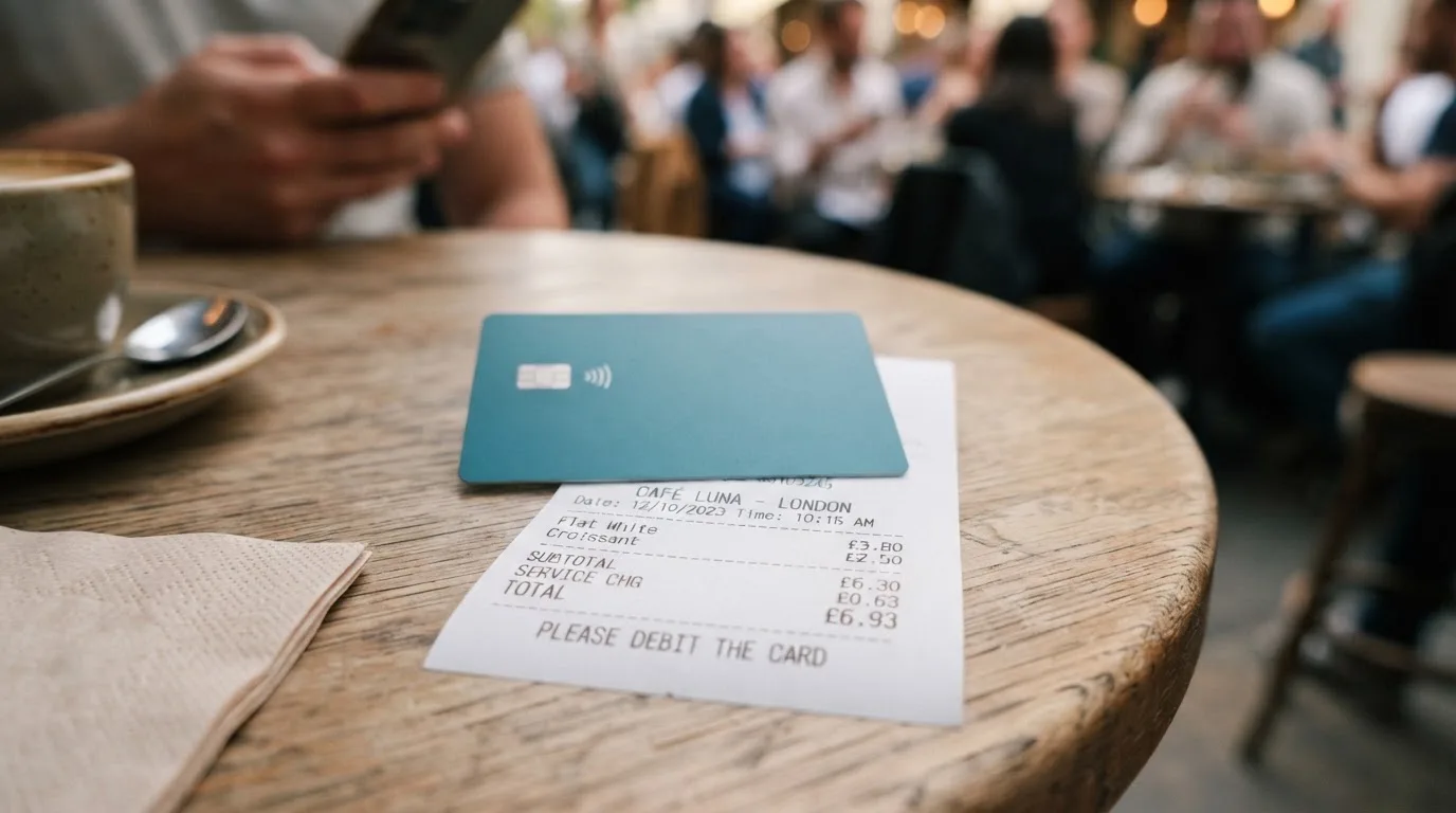 A receipt and a card on a café table