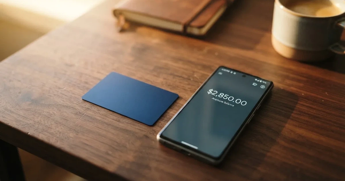 A payment card next to a phone with a crypto wallet app open