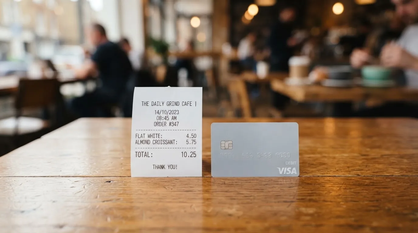A receipt and a card on a café table