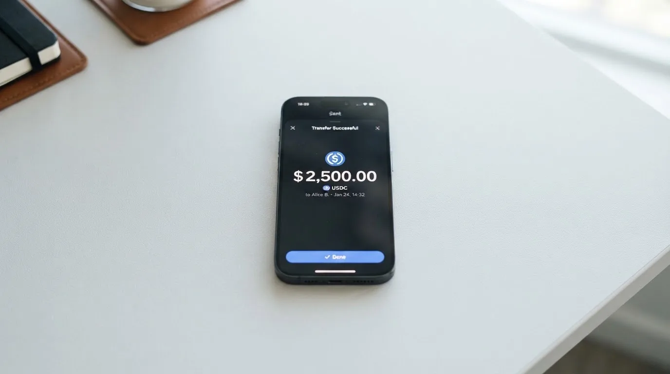 A phone showing a stablecoin transfer screen