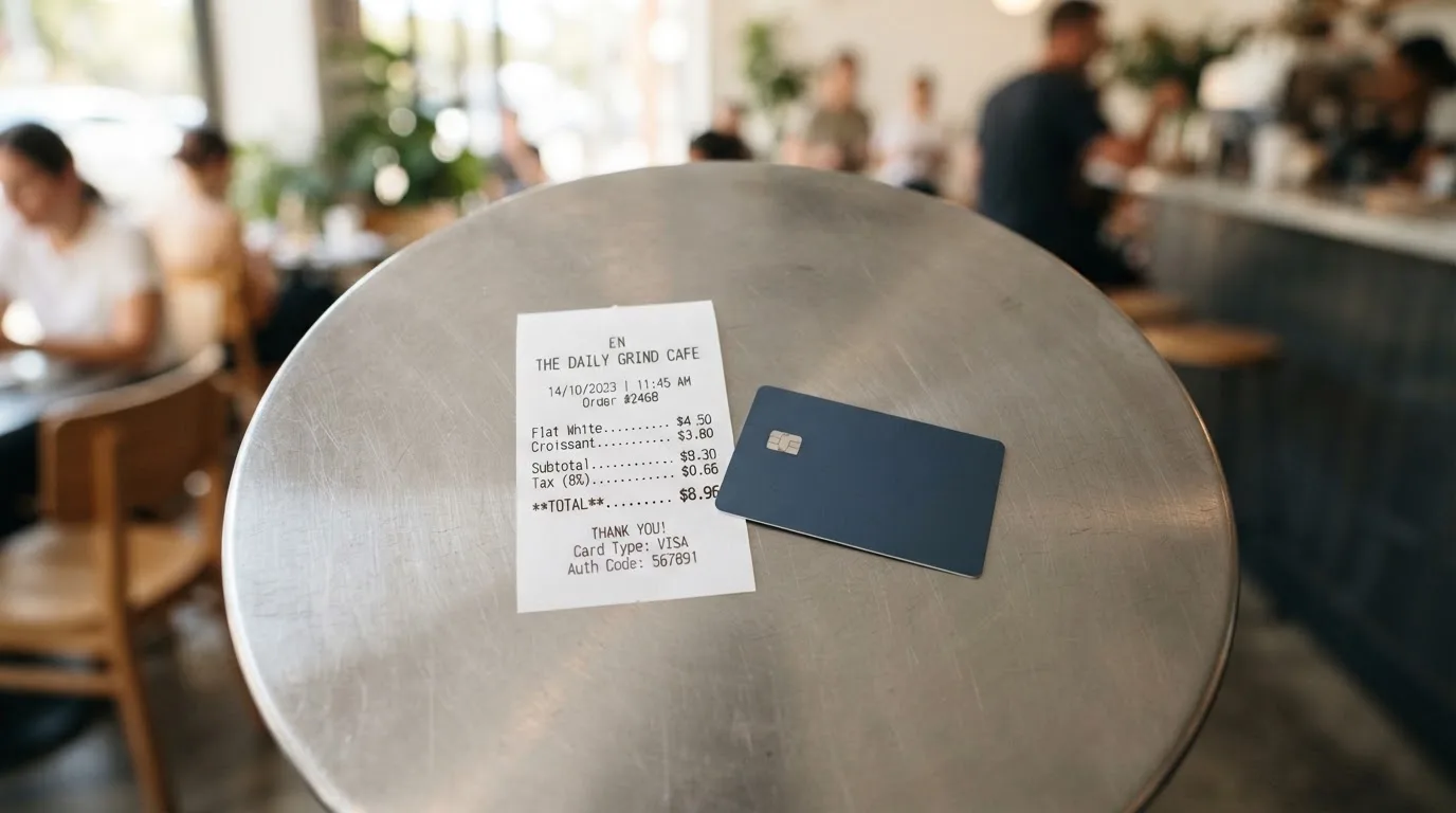 A receipt and a card on a café table