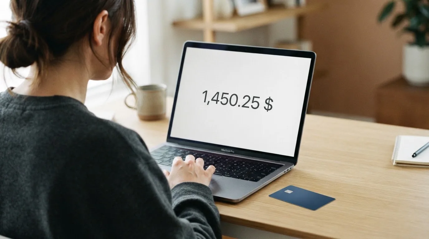 A person comparing two payment cards at a desk with a laptop