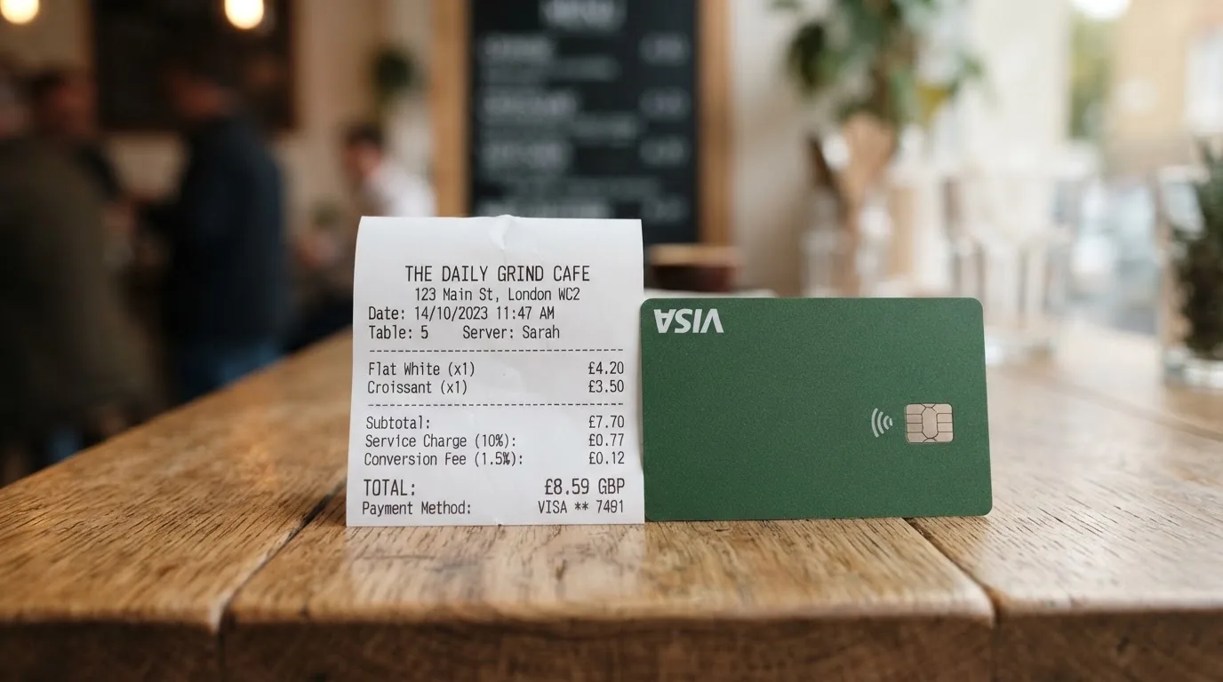 A receipt and a card on a café table