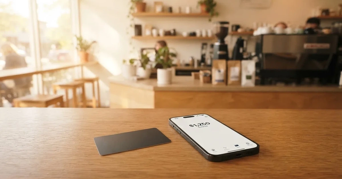 A payment card next to a phone with a crypto wallet app open