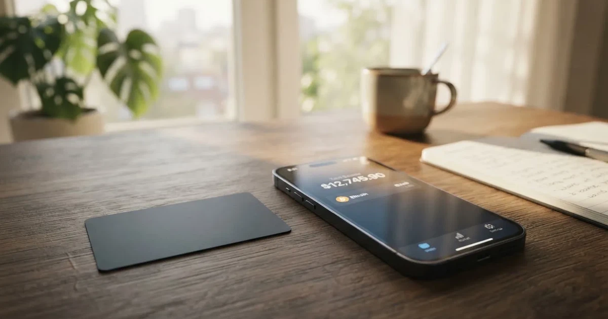A payment card next to a phone with a crypto wallet app open