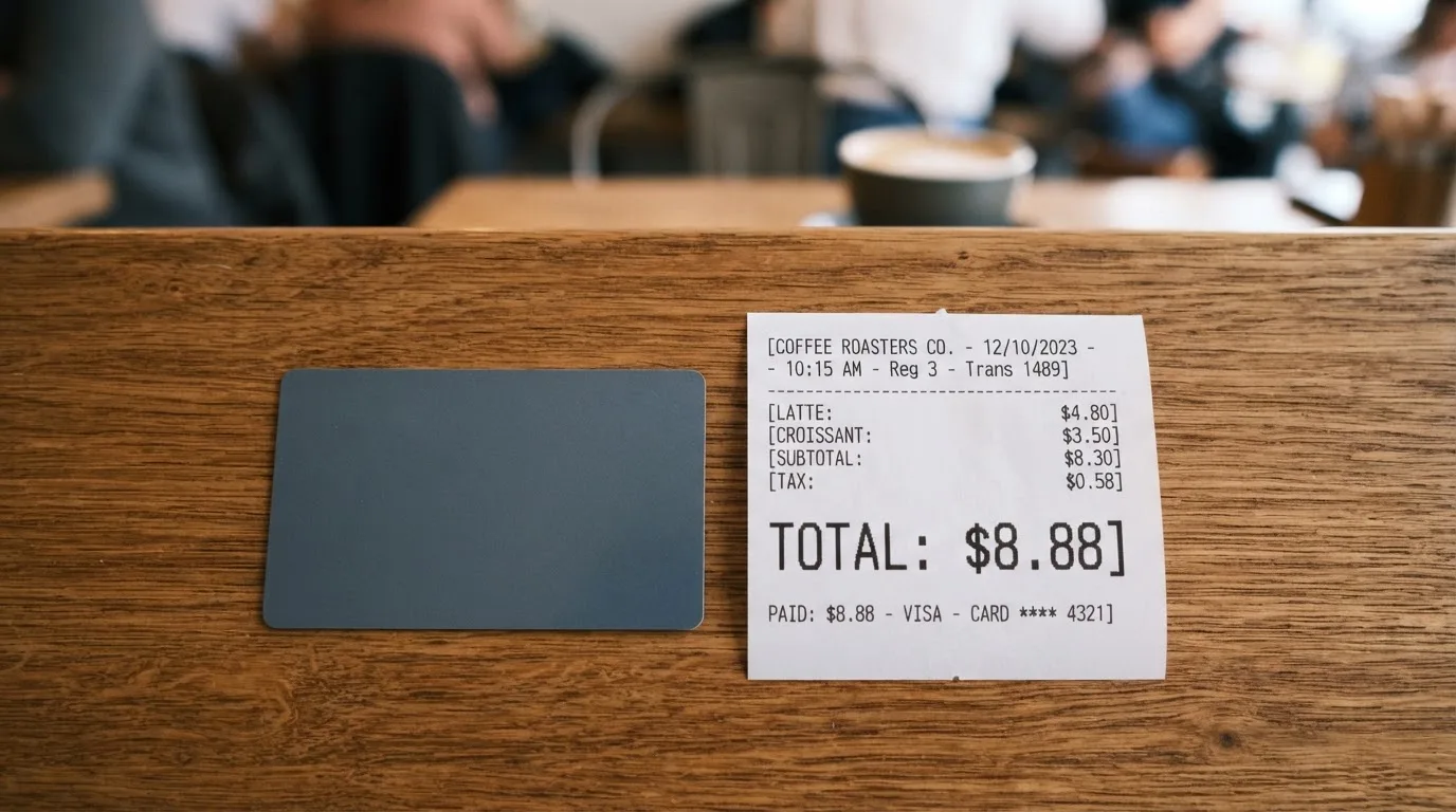 A receipt and a card on a café table