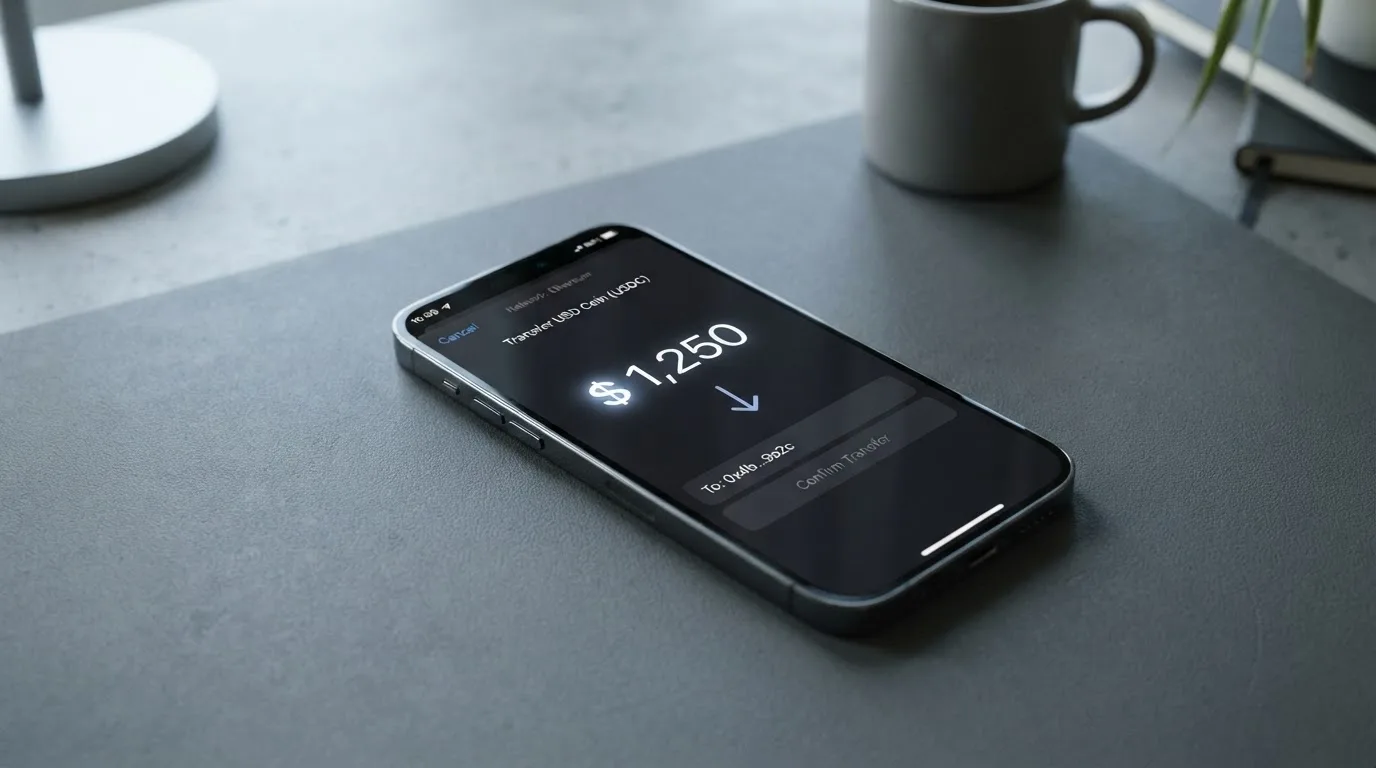 A phone showing a stablecoin transfer screen