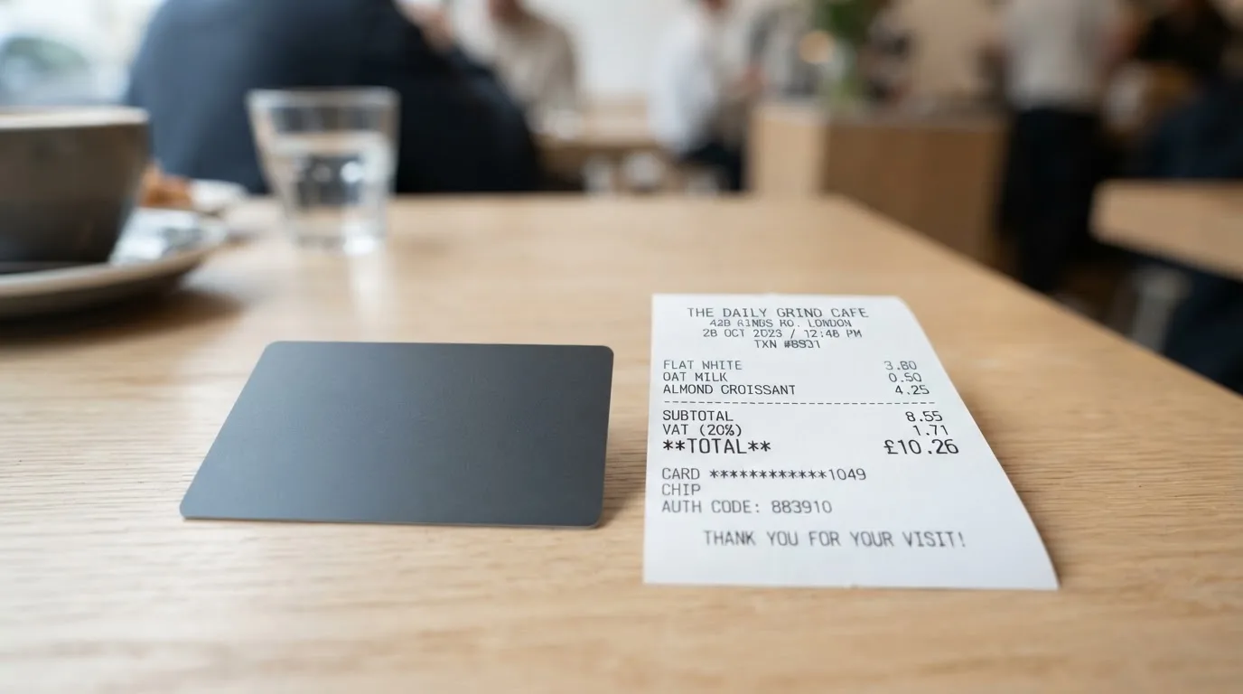 A receipt and a card on a café table