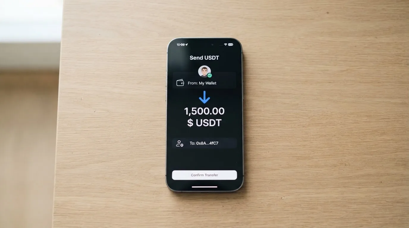 A phone showing a stablecoin transfer screen