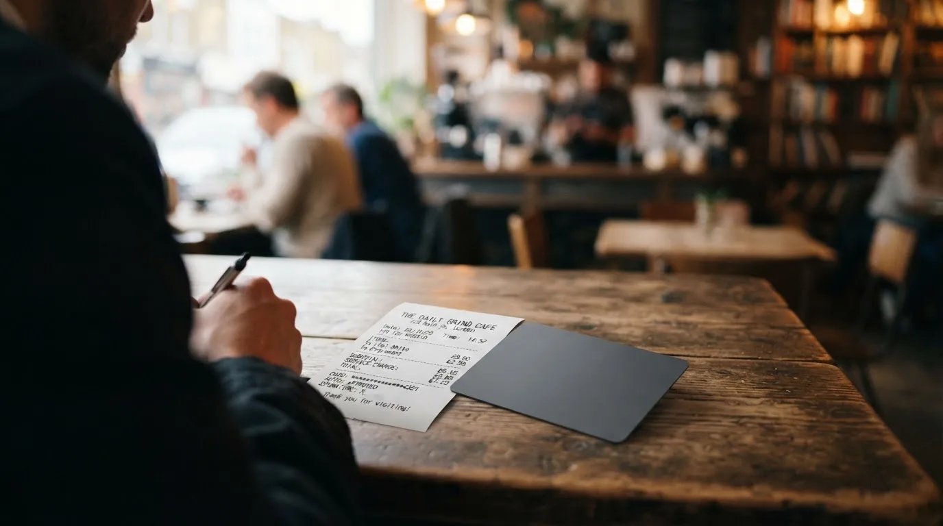A receipt and a card on a café table