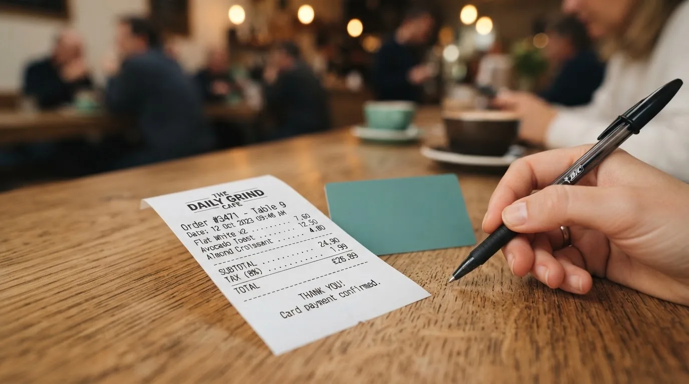 A receipt and a card on a café table
