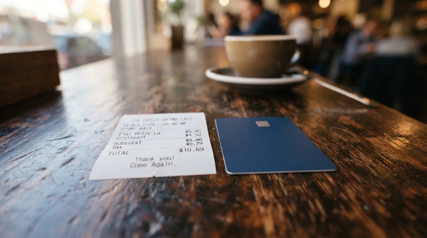 A receipt and a card on a café table