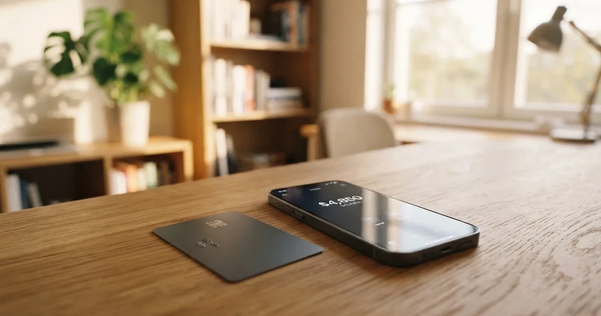A payment card next to a phone with a crypto wallet app open