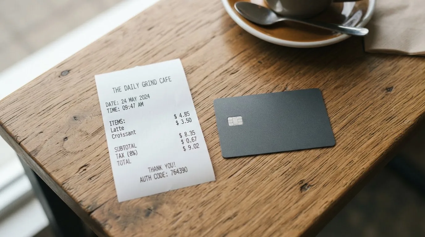 A receipt and a card on a café table