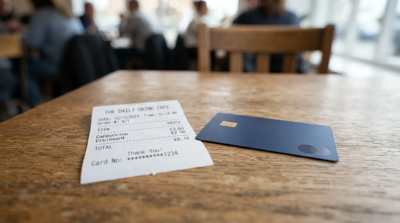 A receipt and a card on a café table