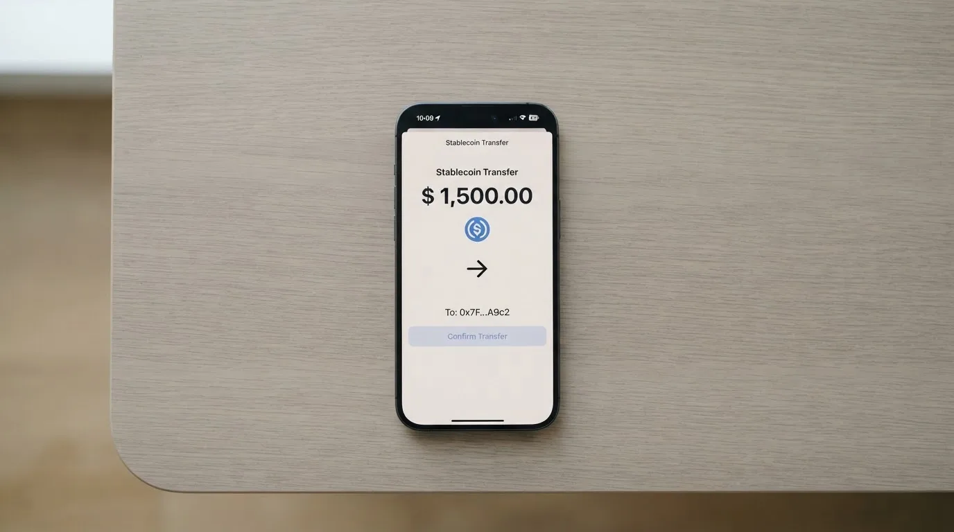 A phone showing a stablecoin transfer screen