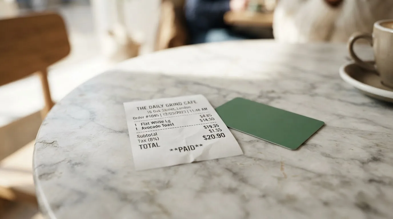 A receipt and a card on a café table