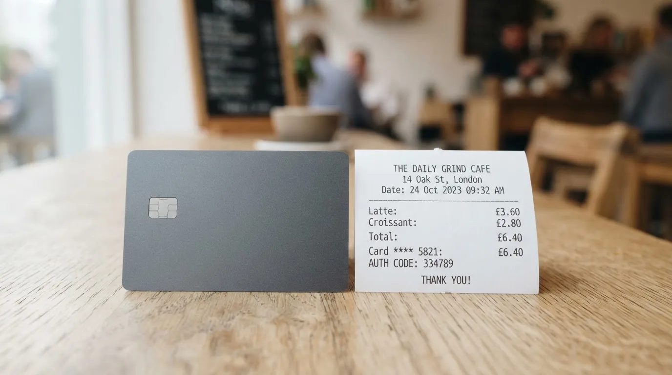 A receipt and a card on a café table