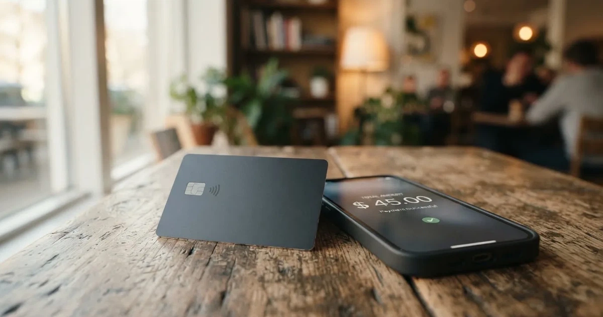 A payment card next to a phone with a crypto wallet app open