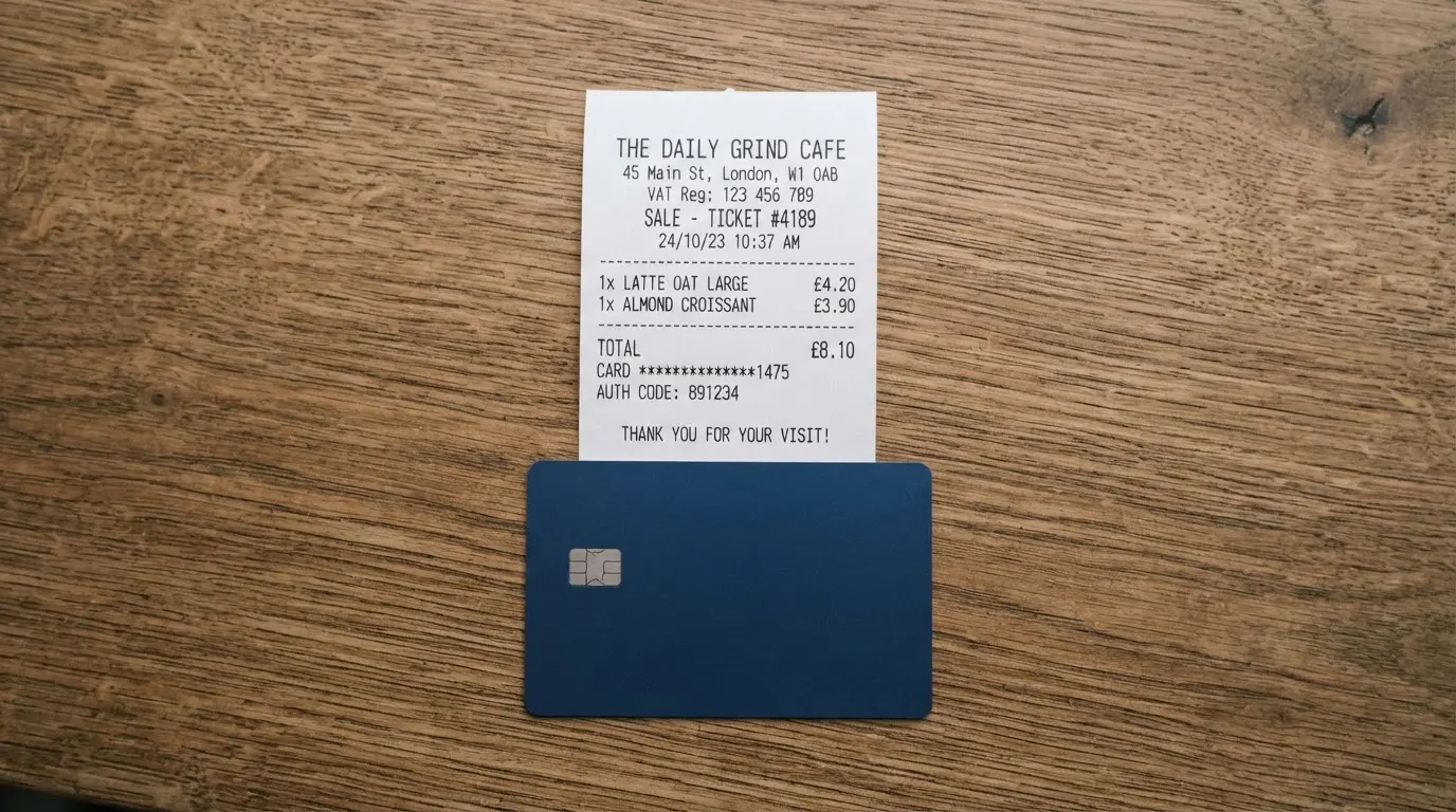A receipt and a card on a café table