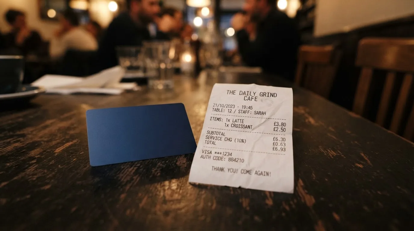 A receipt and a card on a café table
