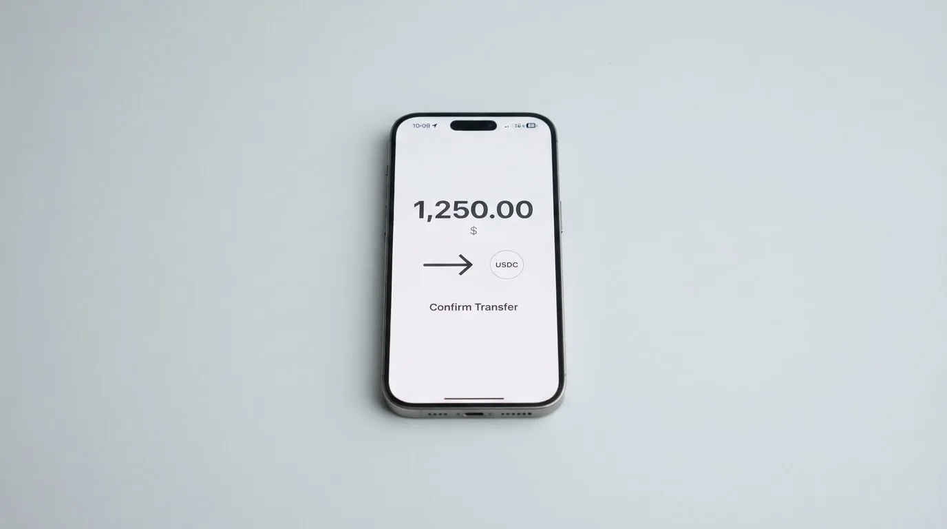 A phone showing a stablecoin transfer screen