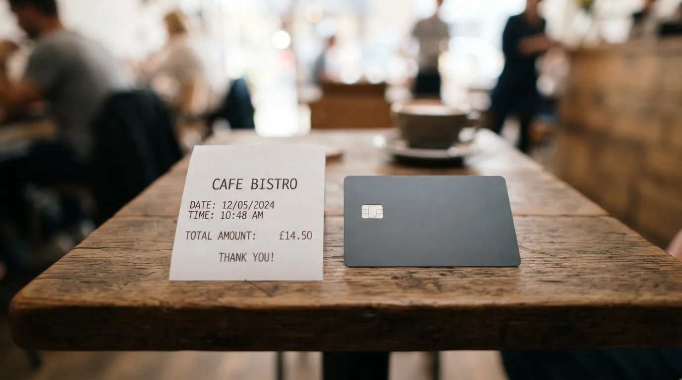 A receipt and a card on a café table