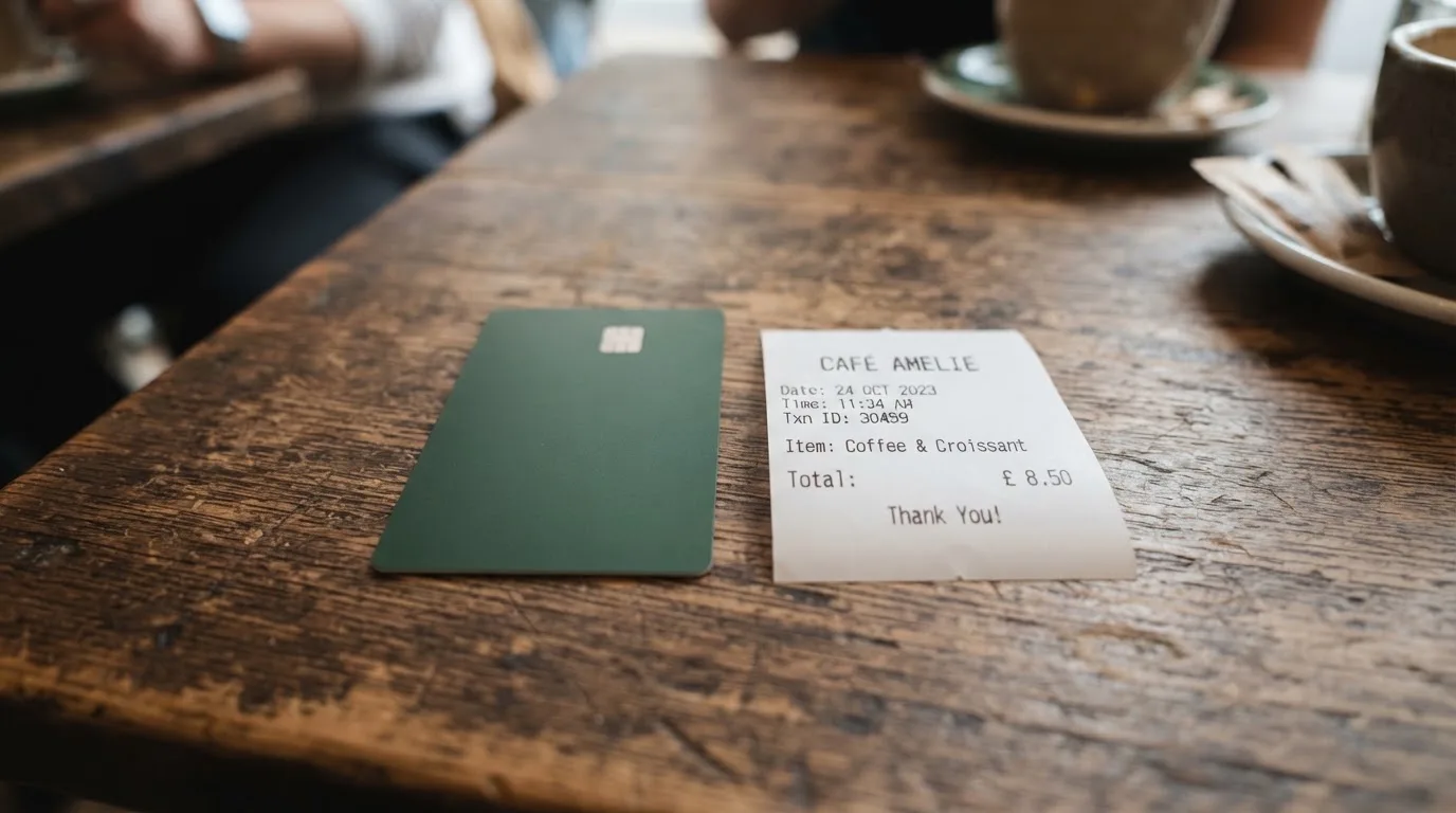 A receipt and a card on a café table