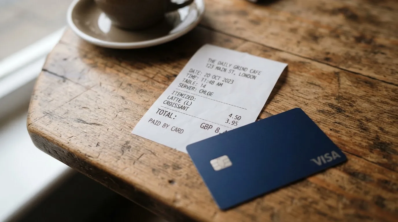 A receipt and a card on a café table